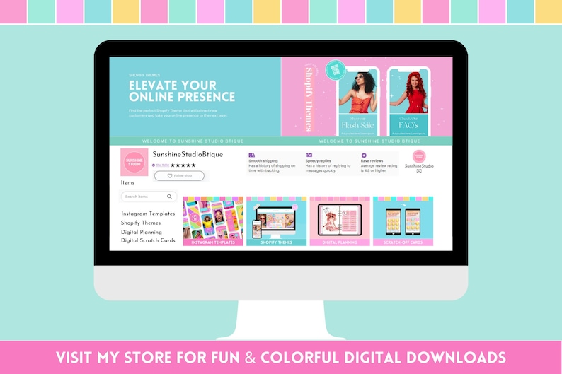 Puede incluir: Un monitor de ordenador muestra un sitio web con el texto &laquo; ELEVA TU PRESENCIA ONLINE &raquo;. El sitio web presenta plantillas de Instagram, temas de Shopify y productos de planificaci&oacute;n digital. El esquema de color del sitio web es azul claro, rosa y blanco.