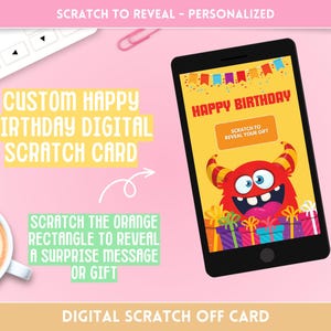 Carte numérique à gratter - Révélez un message cadeau d'anniversaire surprise - Personnalisé avec votre propre texte