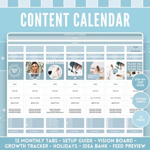 Social Media Planner - Google Sheets Content Kalender - Blauer Wachstumstracker, Feed Vorschau, 12 monatliche und wöchentliche Tabs