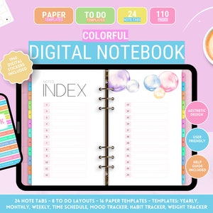 May include: A colourful digital notebook with 110 pages, 24 note tabs, and 8 to-do layouts. The notebook includes paper templates for yearly, monthly, weekly, time schedule, mood tracker, habit tracker, and weight tracker. The notebook has a pastel pink and blue colour scheme with a watercolour design.