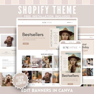 Boho Shopify Theme - Banners & Logo Templates - Aesthetic Light Beige Jewelry Fashion Boutique - Easy Setup Webdesign - Edit in Canva