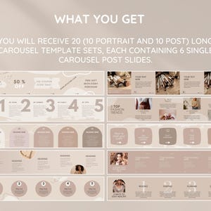 May include: A set of 20 Instagram carousel templates for social media marketing. The templates are in a neutral beige colour scheme with a modern aesthetic. Each set includes 6 slides with text boxes and images.