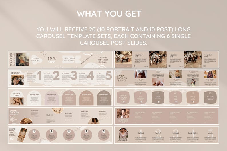 May include: A set of 20 Instagram carousel templates for social media marketing. The templates are in a neutral beige colour scheme with a modern aesthetic. Each set includes 6 slides with text boxes and images.