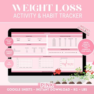 Weight Loss Tracker: Stay on Track with this Pink Google Sheets Activity Planner - Track Measurements, Habits, Calories, Activity & Rewards