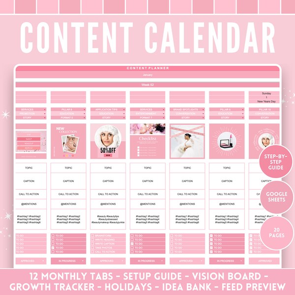 Social Media Content Planner - Organize and Boost Your Instagram Growth - Pink Instagram Calendar for Google Sheets