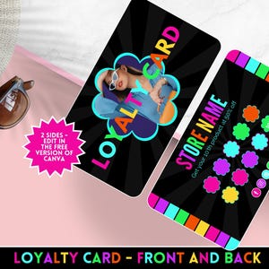 Modelo de Cartão Fidelidade Neon - Cartão de Carimbo Perfurado para Cliente - Edite no Canva - Download Instantâneo