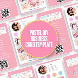 Modèle de carte de visite pastel lumineux - Parfait pour les boutiques, les vêtements de mode, les produits de beauté, les blogueurs, les salons de coiffure, les bijoux - Retouche sur Canva - Logo inclus