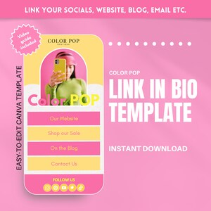 Link nel modello bio - Mini sito web Canva Color POP per piccole imprese: moda, bellezza, e-commerce, blogger ecc. - Pagina di destinazione di Instagram