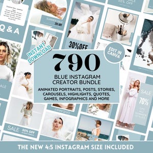 Instagram Template Bundle: Blue Social Media Branding Kit - Posts, Stories, Carousels, Quotes, Highlight Covers - Edit in Canva