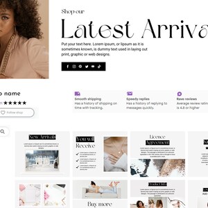 K&ouml;nnte beinhalten: Eine Website-Startseite f&uuml;r einen Online-Shop, der Schmuck und Accessoires verkauft. Die Seite zeigt ein Bannerbild einer Frau, die eine goldene Halskette tr&auml;gt, einen Shop-Namen, eine F&uuml;nf-Sterne-Bewertung und einen Call-to-Action, um dem Shop zu folgen. Die Seite enth&auml;lt auch einen Bereich f&uuml;r Neuheiten, einen Bereich f&uuml;r Kundenbewertungen und einen Bereich f&uuml;r Produktinformationen.