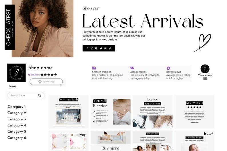 K&ouml;nnte beinhalten: Eine Website-Startseite f&uuml;r einen Online-Shop, der Schmuck und Accessoires verkauft. Die Seite zeigt ein Bannerbild einer Frau, die eine goldene Halskette tr&auml;gt, einen Shop-Namen, eine F&uuml;nf-Sterne-Bewertung und einen Call-to-Action, um dem Shop zu folgen. Die Seite enth&auml;lt auch einen Bereich f&uuml;r Neuheiten, einen Bereich f&uuml;r Kundenbewertungen und einen Bereich f&uuml;r Produktinformationen.