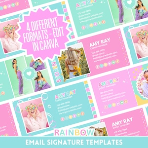 May include: A set of 4 colorful email signature templates with a rainbow theme. The templates feature a variety of images, including a woman with a lollipop, a woman in a field of sunflowers, and a woman with a heart. The text on the templates includes the name "Amy Ray", the title "Event Manager", and contact information. The templates are designed to be used in Canva.