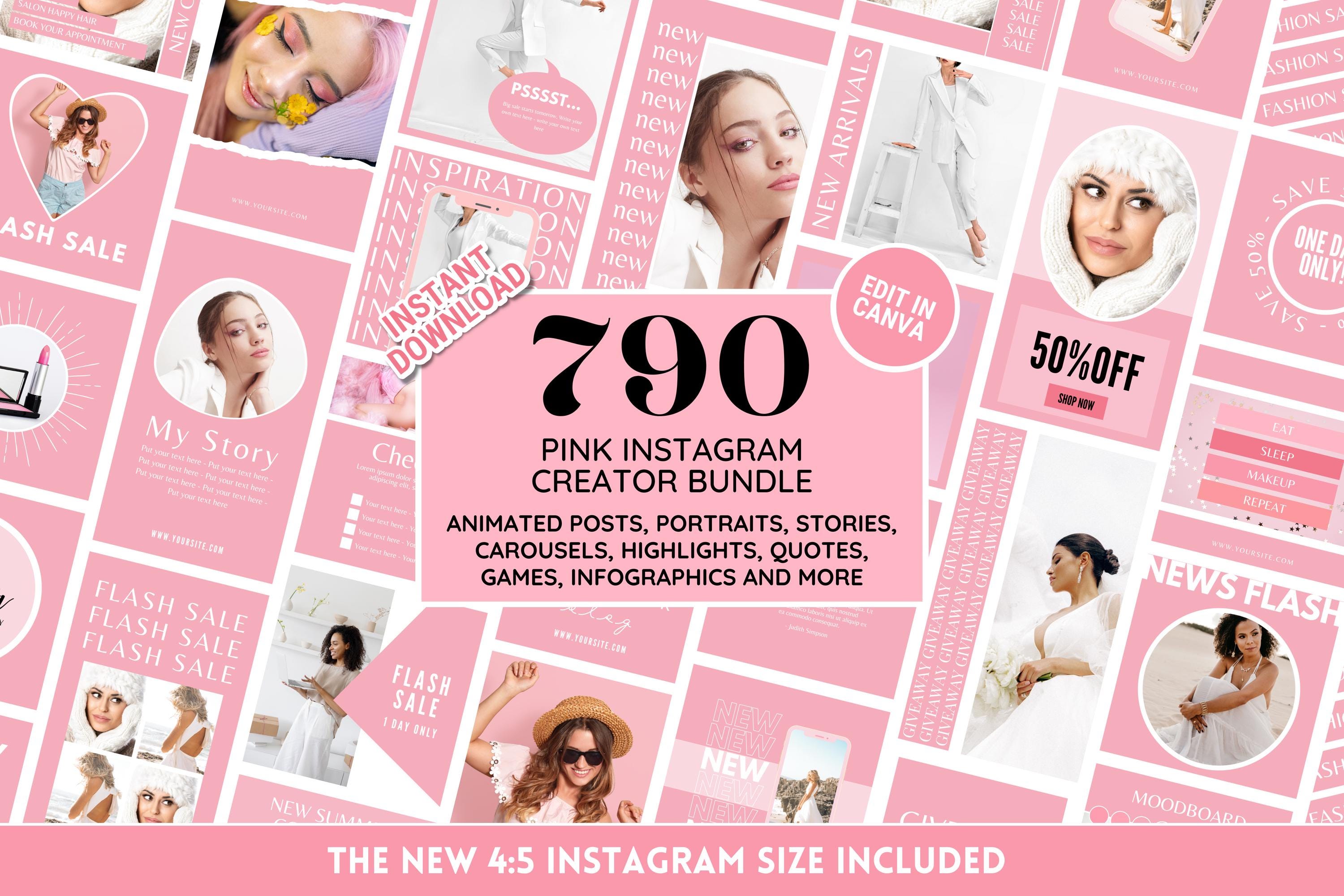 Pacote de modelos do Instagram: Kit de marca de mídia social rosa elegante - Postagens, histórias, carrosséis, citações, capas de destaque - Editar no Canva