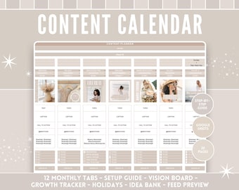 Social Media Planner - Google Sheets Content Calendar - Beige Growth Tracker, Feed Preview, 12 monthly and weekly tabs
