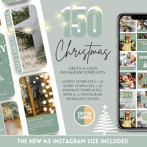 Paquete de plantillas navideñas para Instagram: publicaciones navideñas en tonos verdes y dorados, retratos, historias y portadas destacadas: un kit para las fiestas.