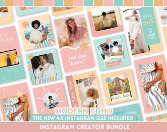 Modern Boho Instagram Template Bundle: Cute Pastel Retro Portrait, Post and Stories Kit - Edit in Canva