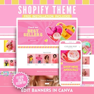 May include: A pink Shopify theme design displayed on a tablet, phone, and computer screen. The theme features the text "Shopify Theme" and "Free Installation Included." The design includes the text "Check our Best Sellers" and "Shop New Arrivals."