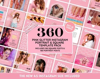 Instagram Template Post Bundle: Pink Glitter Social Media Feed Perfect for Fashion, Clothing, Salon, Beauty, Lash, Nails - Edit in Canva