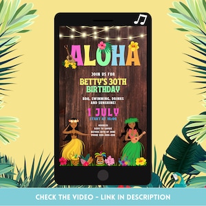Faire-part d'anniversaire animé - Invitation tropicale à la célébration de l'Aloha Luau, vidéo avec musique, personnalisation
