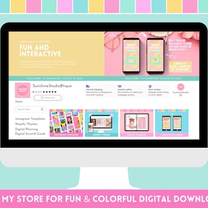Puede incluir: Un monitor de ordenador muestra un sitio web con el texto &laquo;FUN AND INTERACTIVE&raquo;. El sitio web presenta productos digitales, incluyendo plantillas de Instagram y temas de Shopify. La parte inferior de la pantalla dice &laquo;VISITA MI TIENDA PARA DESCARGAS DIGITALES DIVERTIDAS Y COLORIDAS&raquo;.
