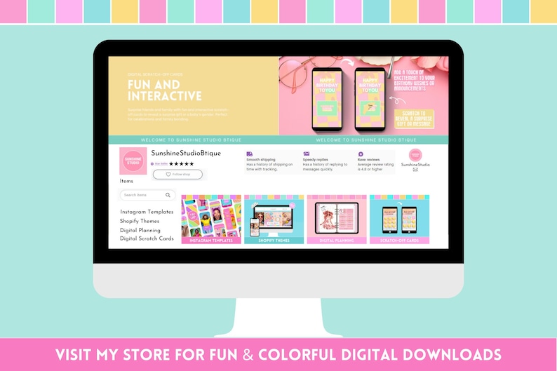 Puede incluir: Un monitor de ordenador muestra un sitio web con el texto &laquo;FUN AND INTERACTIVE&raquo;. El sitio web presenta productos digitales, incluyendo plantillas de Instagram y temas de Shopify. La parte inferior de la pantalla dice &laquo;VISITA MI TIENDA PARA DESCARGAS DIGITALES DIVERTIDAS Y COLORIDAS&raquo;.