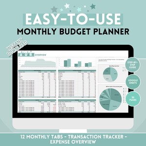 Puede incluir: Una captura de pantalla de una pantalla de ordenador que muestra una hoja de cálculo de Google Sheets con un planificador de presupuesto mensual. La hoja de cálculo tiene 12 pestañas mensuales, un rastreador de transacciones y una descripción general de los gastos. La hoja de cálculo está diseñada para ser fácil de usar e incluye una guía paso a paso.