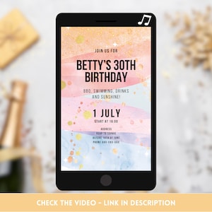 Animated Birthday Party Invitation - Elegant Watercolor Celebration Invite Video with Music - Personalized