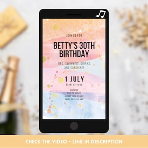 Faire-part de fête d'anniversaire animé - élégante invitation de célébration aquarelle vidéo avec musique - personnalisée