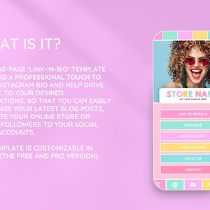 K&ouml;nnte beinhalten: Ein farbenfrohes Telefon-Bildschirm-Mockup mit einer Link-in-Bio-Vorlage. Die Vorlage zeigt eine Frau mit lockigem Haar, die eine Sonnenbrille tr&auml;gt und ein rosa, gelbes und blaues Farbschema hat. Der Text "STORE NAME PUT YOUR THOLINE HERE" befindet sich oben auf der Vorlage. Die Vorlage enth&auml;lt Links zu "WEBSITE BESUCHEN", "SHOP SALE", "BLOG LESEN", "MIT MIR ARBEITEN", "&Uuml;BER MICH" und "KONTAKT".