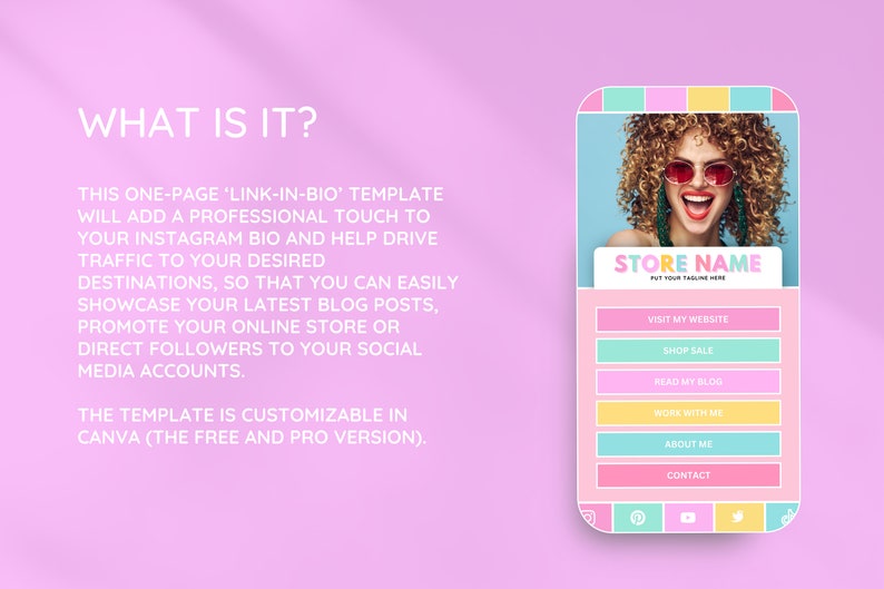 K&ouml;nnte beinhalten: Ein farbenfrohes Telefon-Bildschirm-Mockup mit einer Link-in-Bio-Vorlage. Die Vorlage zeigt eine Frau mit lockigem Haar, die eine Sonnenbrille tr&auml;gt und ein rosa, gelbes und blaues Farbschema hat. Der Text "STORE NAME PUT YOUR THOLINE HERE" befindet sich oben auf der Vorlage. Die Vorlage enth&auml;lt Links zu "WEBSITE BESUCHEN", "SHOP SALE", "BLOG LESEN", "MIT MIR ARBEITEN", "&Uuml;BER MICH" und "KONTAKT".