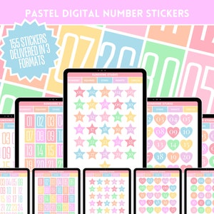 May include: A digital download of 155 pastel colored number stickers in three different styles: squares, stars, and hearts. The numbers are displayed on a tablet screen with a background of pastel colored squares.