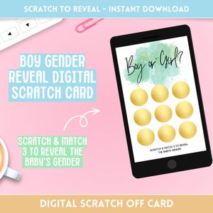 Carte numérique à gratter « Gender Reveal » pour GARÇONS : annonce téléchargement immédiat - Match 3 pour gagner !