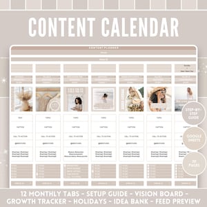 Social Media Planner - Google Sheets Content Calendar - Beige Growth Tracker, Feed Preview, 12 monthly and weekly tabs