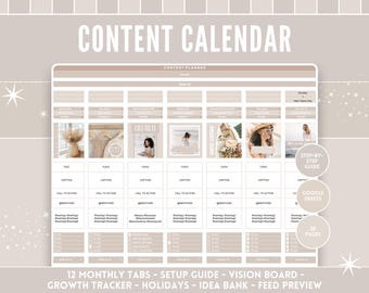 Social Media Planner - Google Sheets Content Calendar - Beige Growth Tracker, Feed Preview, 12 monthly and weekly tabs