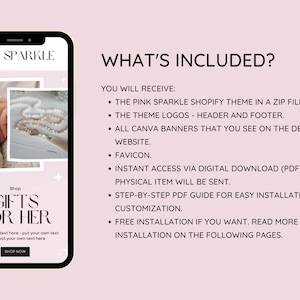 Puede incluir: Una pantalla de tel&eacute;fono inteligente muestra un anuncio de tema de Shopify. La pantalla muestra el texto "PINK SPARKLE" y "GIFTS FOR HER". La imagen tambi&eacute;n incluye una lista de lo que se incluye con el tema, como los logotipos y banners de Canva.