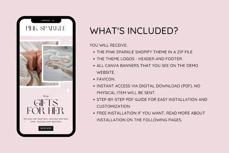 Puede incluir: Una pantalla de tel&eacute;fono inteligente muestra un anuncio de tema de Shopify. La pantalla muestra el texto "PINK SPARKLE" y "GIFTS FOR HER". La imagen tambi&eacute;n incluye una lista de lo que se incluye con el tema, como los logotipos y banners de Canva.