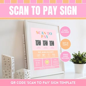 Scan-to-Pay-Vorlage QR-Code-Zeichen - Einfache Zahlung & Folgen Sie uns in Social Media-Anzeigen - Druckbare Bearbeitung in Canva - Zeichen der Zahlungsmethode