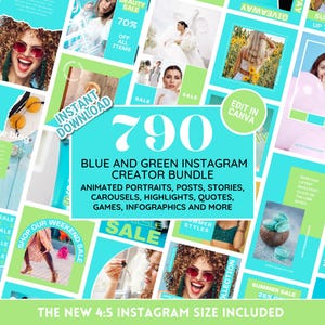 Instagram Template Bundle - Blue & Green Portraits, Posts, Stories, Carousels, Highlight Covers - Social Media Branding Kit - Edit in Canva