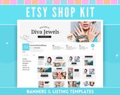 Jewelry Etsy Shop Kit - Accessories Store Branding - Elegant Diva Jewels Cover Banners, Listing Templates and Icons - Edit in Canva Mockup