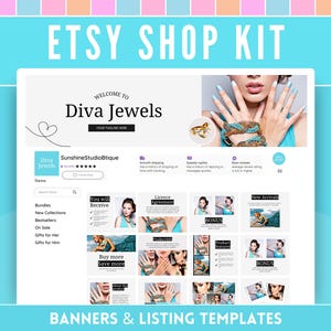 Etsy-butikspaket för smycken - Varumärkesbyggande för accessoarer - Elegant Diva Jewels-omslagsbanderoller, listmallar och ikoner - Redigera i Canva-modell