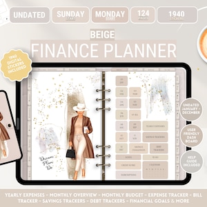 May include: Beige finance planner with 124 pages and 1940 digital stickers. The planner features a watercolour background with gold glitter and a woman in a brown coat and white trousers. The planner includes sections for yearly expenses, monthly overview, monthly budget, expense tracker, bill tracker, savings trackers, debt trackers, and financial goals.
