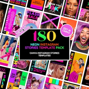 Könnte beinhalten: Eine Collage aus 180 Neon-Instagram-Story-Vorlagen für Canva. Die Vorlagen zeichnen sich durch leuchtende Farben, fetten Text und trendige Designs aus. Der Text "180 Neon Instagram Stories Template Pack" befindet sich in der Mitte des Bildes.