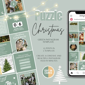 Puede incluir: Plantilla de Instagram verde para Navidad con 15 publicaciones en una sola plantilla. La plantilla presenta una variedad de imágenes con temática navideña, incluyendo un árbol de Navidad, adornos y regalos. El texto "Puzzle Navidad" se muestra en letras blancas grandes en la parte superior de la plantilla. El texto "Plantilla de Instagram verde" se muestra en letras blancas más pequeñas debajo del título. El texto "15 publicaciones en una sola plantilla" se muestra en letras blancas aún más pequeñas debajo de la descripción de la plantilla. El texto "Crea un feed de Instagram cohesivo y hermoso en minutos" se muestra en letras blancas debajo del conteo de publicaciones. El texto "Editar en Canva" se muestra en letras blancas dentro de un círculo verde debajo de la descripción del feed. La plantilla está diseñada para ayudar a los usuarios a crear un feed de Instagram cohesivo y hermoso para la temporada navideña.
