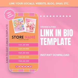 May include: Orange and pink Link in Bio template for social media. The template features a phone screen with a store name, tagline, and five links. The template also includes social media icons.