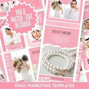 Op de afbeelding: Roze e-mailmarketing sjablonen met afbeeldingen van vrouwen, tekst en een parelketting. De tekst bevat "Mix & Match - Edit in Canva", "Shop Our Sale", "Text Here", "Eye-Catching & Fun", "50% Off", "Kind Words" en "Our Bestsellers".