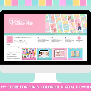 May include: A computer screen displaying a website with the text "Eye-Catching Instagram Feed" and "Sunshine StudioBtique". The website offers digital products such as Instagram templates, Shopify themes, digital planning, and digital scratch cards.