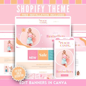 Cute Pink Shopify Theme - Peach Candy Canva Banners & Logo Templates - Easy Website Setup - Perfect for Fashion, Clothing, Boutique, Jewelry