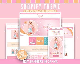 Cute Pink Shopify Theme - Peach Candy Canva Banners & Logo Templates - Easy Website Setup - Perfect for Fashion, Clothing, Boutique, Jewelry