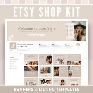 Könnte beinhalten: Eine beige und weiße Etsy-Shop-Banner-Vorlage mit dem Text "Willkommen bei Luxe Style" und einem Foto einer Frau mit Hut. Das Banner ist für die Verwendung auf Etsy konzipiert und enthält eine Vielzahl von Listing-Vorlagen für verschiedene Produkttypen.
