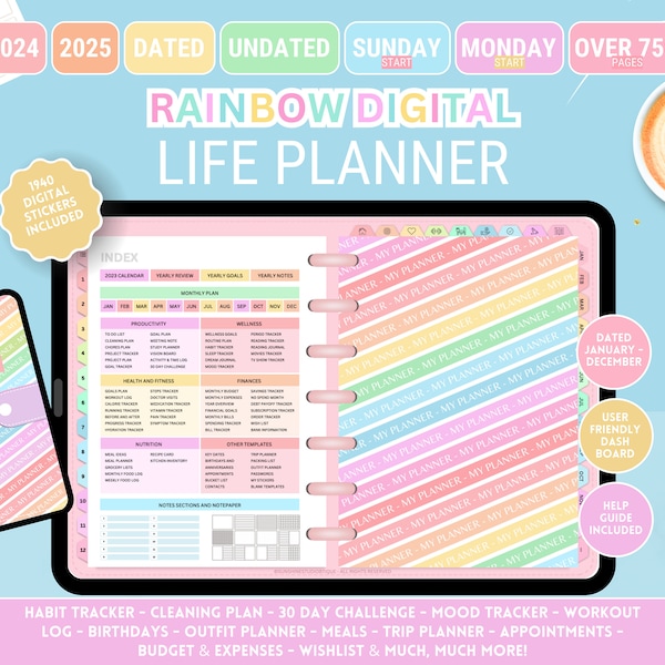 Rainbow Life Digital Planner Perfect for Goodnotes and Notability - Hyperlinked, Dated and Undated - 2024-2025 - Sunday and Monday Start